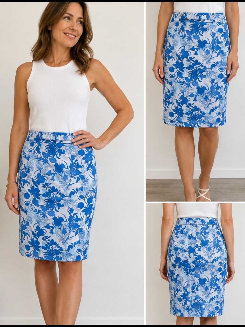 Summer Cotton Blue & White Floral Pencil Skirt - JACOB, Size 2